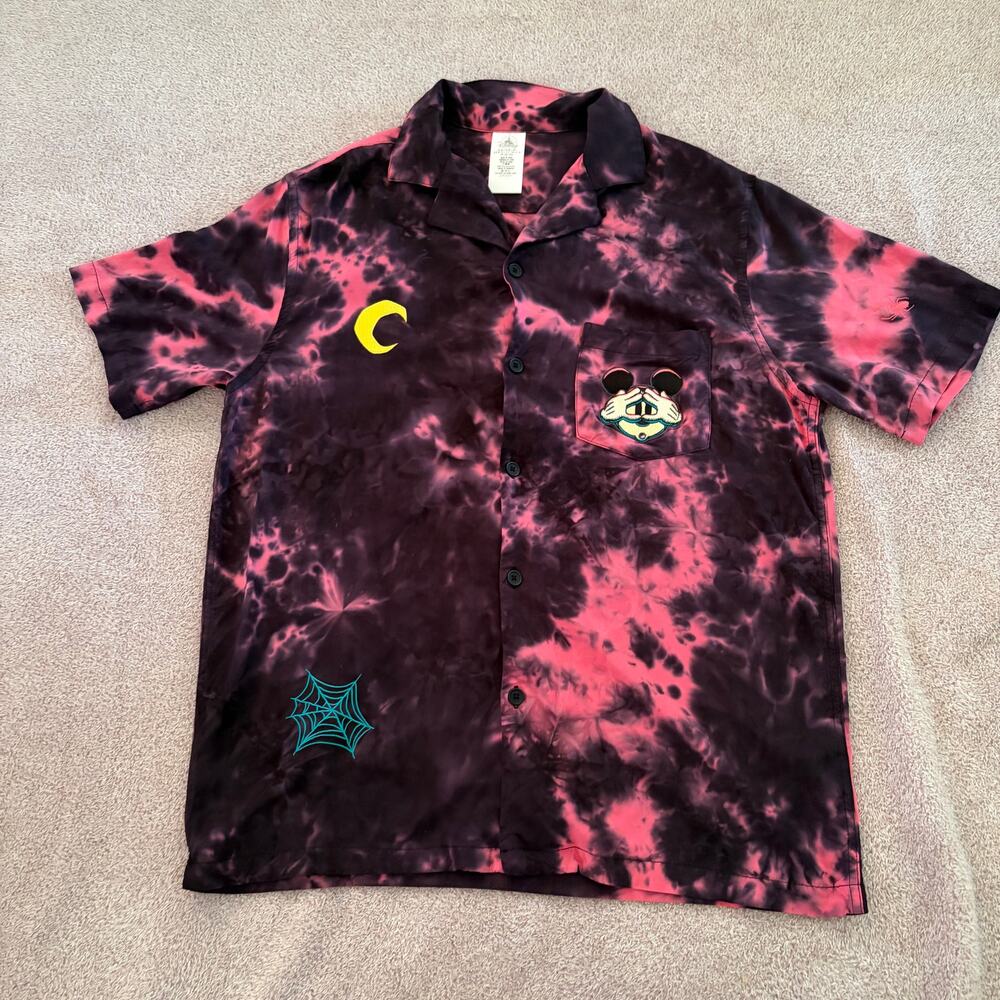 Disney Halloween Tie Dye Button Up - Size L - Mickey Moon & Web Embroidered Deta